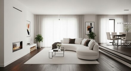 Modern living room with curved sofa and fireplace featuring a bright airy atmosphere and elegant decor