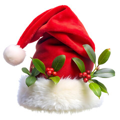 a festive red santa hat adorned with green holly leaves