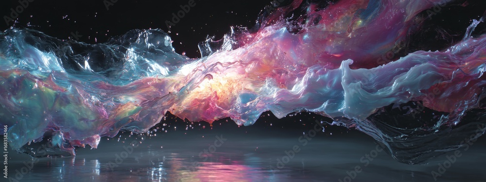 Poster surreal liquid wave of stardust explosion transforming into ethereal colors and motion