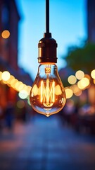 Warm light bulb, city street scene