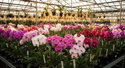 Colorful orchids in a greenhouse