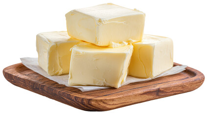Four butter cubes stacked on a wooden board