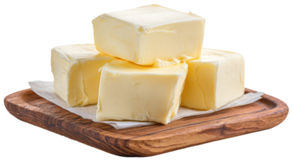 Four butter cubes stacked on a wooden board
