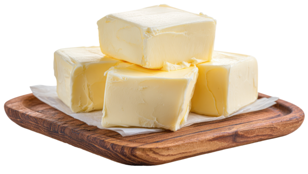 Four butter cubes stacked on a wooden board