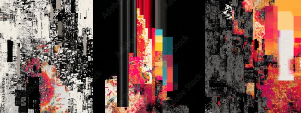 Poster abstract art design featuring torn posters with glitch effects and layered textures in bold colors a