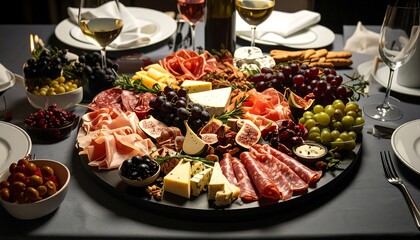 A beautifully arranged charcuterie board showcasing a variety of cured meats, cheeses, fruits, and nuts, presented on a dark wooden platter, perfect for a sophisticated gathering.