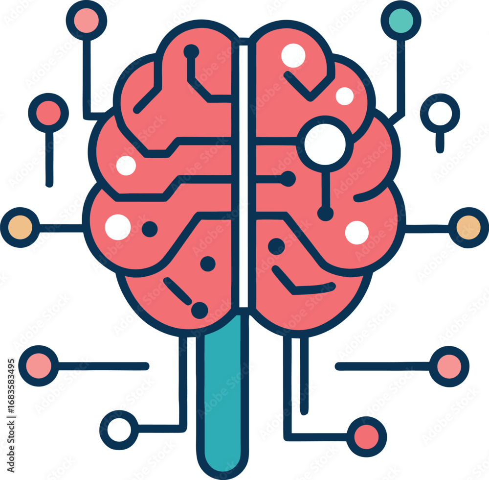 Poster stylized brain with digital circuits and data connections
