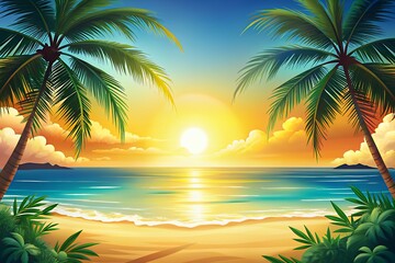 Obraz premium Vibrant tropical beach sunset with palm trees and ocean waves
