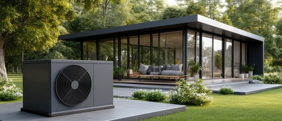 A sleek AC unit outside a stylish home with large windows offers comfort in a bright, inviting setting