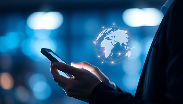 Person holding smartphone with glowing digital globe hologram and network connections mobile phone technology - Powered by Adobe