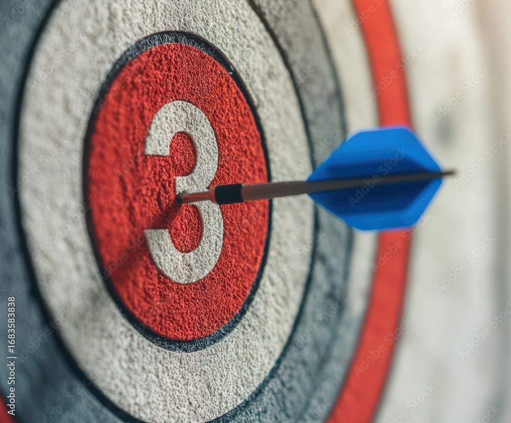 Poster dart hitting target with number three focused on bullseye design