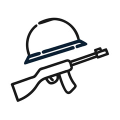 Vector art of military helmet and rifle, symbolizing war, combat, and the armed forces, representing defense, security, and the concept of conflict