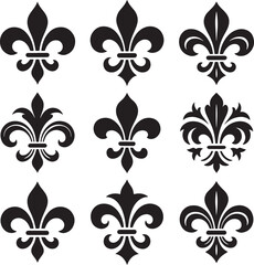 Nine black fleur de lis symbols in various ornate and simple designs on white background heraldry royalty