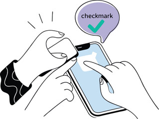 Hands interacting with smartphone showing checkmark