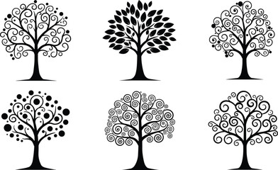 Black decorative tree silhouettes with unique artistic designs, nature and botanical concept, forest symbols, ecology, and arboreal vector illustration for design projects