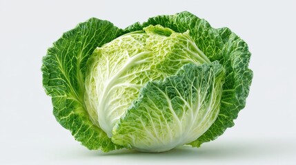 Fototapeta premium Fresh green cabbage head displaying detailed leaf texture and natural veining patterns on clean white background