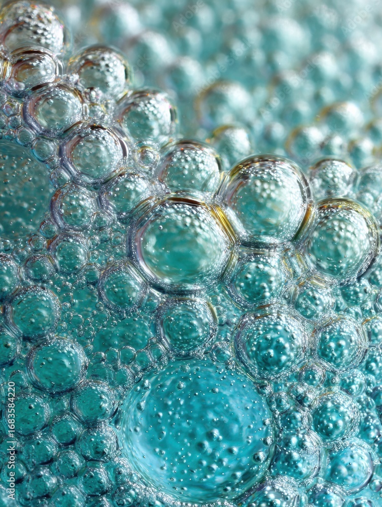 Poster a close-up view of bubbles forming and rising in a vibrant turquoise liquid, displaying intricate pa