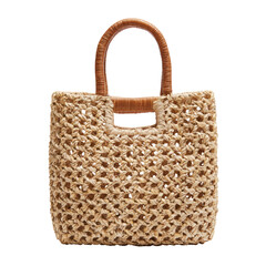 Beige woven straw tote bag with tan handles