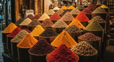Colorful spice jars overflowing with various powders.  A vibrant display of spices in a bustling market