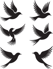 Six Black Silhouette Graphics Of Flying Birds In Various Poses flight freedom