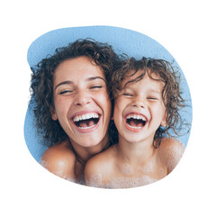 Joyful mother and child with eyes closed, laughing together in a bathtub full of bubbles, representing family wellness.