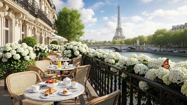 A view of the Eiffel Tower and the Seine River with a cafe overlooking the water