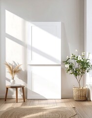 A bright, minimalist interior showcasing a large, framed blank canvas, natural light, and calming decor.