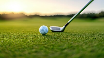 Close-Up of Golf Club Preparing to Strike Golf Ball on Green Grass