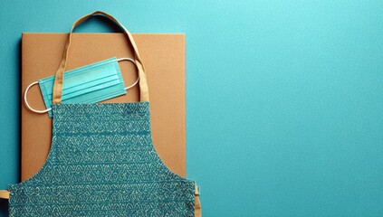 Apron, mask, and notebook on a teal background