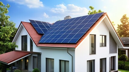 Modern House with Solar Panels on Roof Under Clear Blue Sky