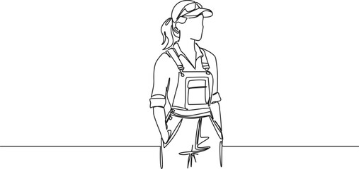continuous single line drawing of female technician or mechanic, hands in pockets, line art vector illustration