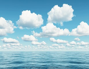 Fototapeta premium Bright Blue Sky with Fluffy White Clouds Over Calm Ocean Surface