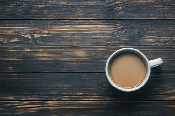 Hot Coffee in White Mug on Rustic Wooden Table Background