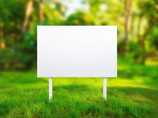 Blank real estate sign standing in green grass with blurred trees in background
