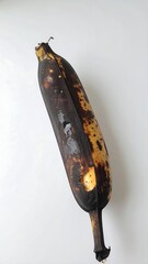 A browned, overly ripe banana displays its darkened skin and a noticeable hole in a simple,  shot.