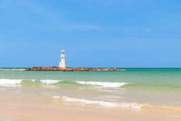 A Lighthouse on the beautiful beach with blue sky in Khao Lak, a destination of tourist in  Phang-Nga province, Southern of Thailand
