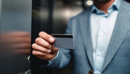 Close-up of a man holding a credit card in an elevator