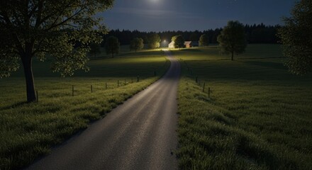 Fototapeta premium Country road at night, bathed in moonlight. Trees and a small house are visible along the path