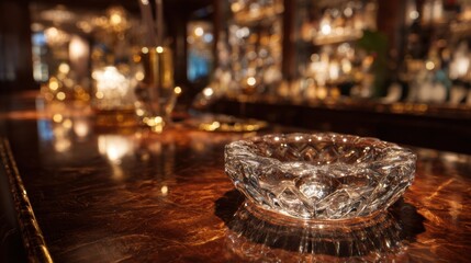 Smoky Shadows in a Dimly Lit Lounge: An elegant ashtray sits in the inviting dimly lit of a refined lounge, reflecting the subtle glow of the bar and the atmosphere of a sophisticated space. 