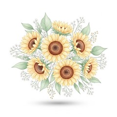Obraz premium A vibrant bouquet of sunflowers surrounded by delicate greenery and blossoms, showcasing a cheerful and artistic floral arrangement.
