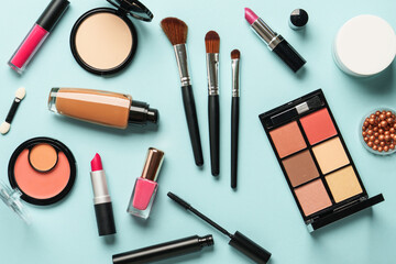 Beauty products on blue background.