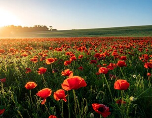 Obraz premium A vast expanse of vibrant red poppies blankets a field at sunrise, bathed in golden light.