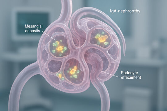 IgA Nephropathy Illustration showing mesangial deposits and podocyte effacement, Illustration