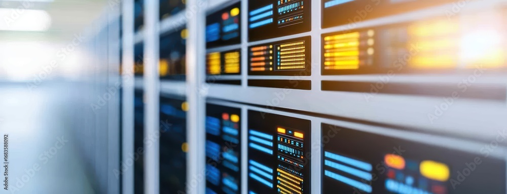 Poster modern data center with server racks and bright display panels