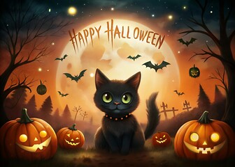 Black cat and pumpkins under a spooky full moon