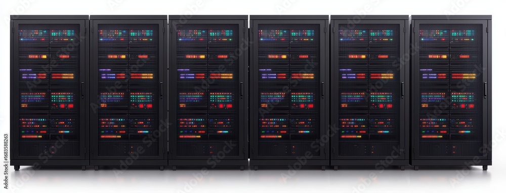 Poster modern data center featuring multiple high-tech server racks