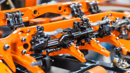 Fototapeta premium Close-up of an Orange and Black Mechanical Assembly with Precision Components