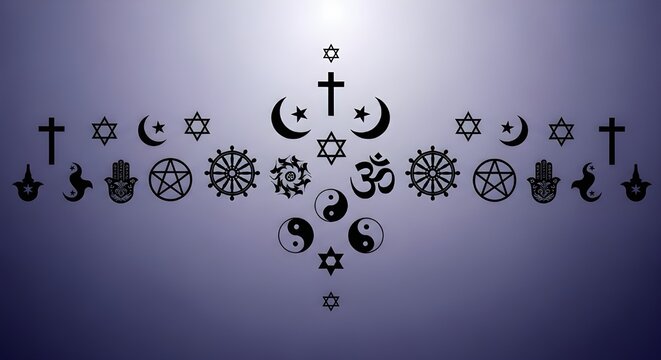 A collection of religious and spiritual symbols arranged in a symmetrical pattern on a purple and white gradient background.