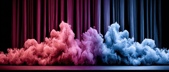 Pink and blue smoke clouds fill a theatrical stage, enhancing the dramatic atmosphere during a performance at night