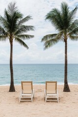 Tranquil Beach Scene with Empty Lounge Chairs and Palm Trees